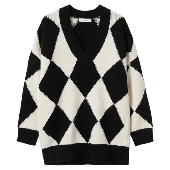NWOT. Mango Rhombus Pattern Knit V-Neck Sweater. Black and White. Size: Medium - Picture 4 of 9